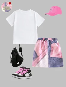 Young Girl 2pcs Set Casual Fashion Spring/Summer Girls Short Sleeve Dress Outfit, Sweet Cool Pink Patchwork Heart Pattern, Short Sleeve Round Neck T-Shirt Design And Patchwork Pink Cargo Skirt, Summer Must-Wear Choice, Easy Comfortable, Fashionable Girl Outfit, Spring/Summer Set - Multicolor - View 2