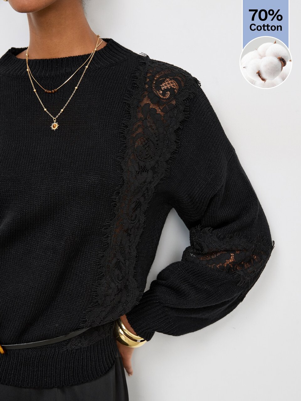 SHEIN Maija Sweater Lace Patchwork Urban Elegant Lantern Sleeve