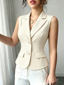 Elenzga Summer Lapel Sleeveless Vest For Women, Design Details With Pearl Buttons, Waist Cinched, Commuting Outerwear - Apricot - View 3