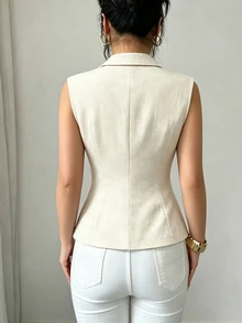 Elenzga Summer Lapel Sleeveless Vest For Women, Design Details With Pearl Buttons, Waist Cinched, Commuting Outerwear - Apricot - View 5