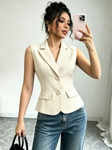 Elenzga Summer Lapel Sleeveless Vest For Women, Design Details With Pearl Buttons, Waist Cinched, Commuting Outerwear - Apricot - View 2