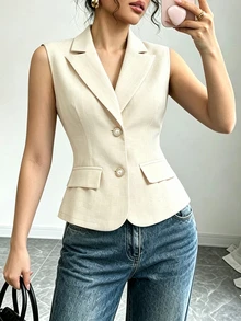 Elenzga Summer Lapel Sleeveless Vest For Women, Design Details With Pearl Buttons, Waist Cinched, Commuting Outerwear - Apricot - View 6