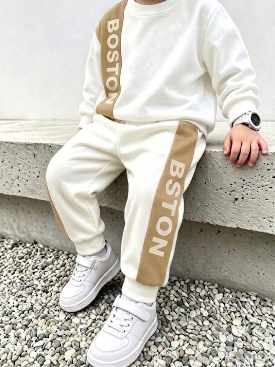 2pcs Young Boys Casual Colorblock Pattern Letter K Print Crew Neck Long Sleeve Fleece Sweatshirt And Matching Fleece Pants Set, Suitable For Autumn/Winter - Multicolor - View 1