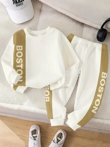 2pcs Young Boys Casual Colorblock Pattern Letter K Print Crew Neck Long Sleeve Fleece Sweatshirt And Matching Fleece Pants Set, Suitable For Autumn/Winter - Multicolor - View 3