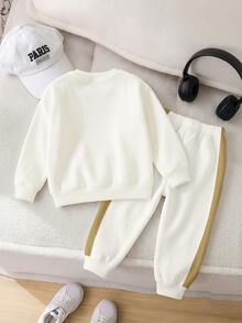 2pcs Young Boys Casual Colorblock Pattern Letter K Print Crew Neck Long Sleeve Fleece Sweatshirt And Matching Fleece Pants Set, Suitable For Autumn/Winter - Multicolor - View 2