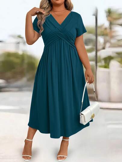 EMERY ROSE Plus Size Casual Solid Color V-Neck Cinched Waist Slant Pocket Sundress For Summer, For Thanksgiving Maxi Women Outfit