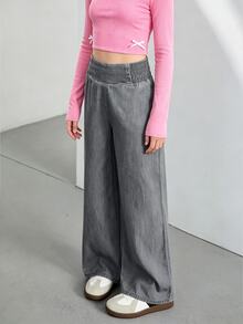 SHEIN 青少年女孩夏季度假休閒高腰寬腿灰色長褲 春秋款 鬆身長褲 日常穿著 運動校園風 - 灰色 - 查看 5