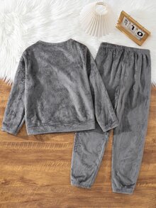 SHEIN 2件組兒童青少年男孩休閒日常百搭舒適刺繡圖案法蘭絨圓領套頭長袖上衣與寬鬆收口長款睡褲居家休閒套裝 - 灰色 - 查看 2