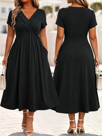 EMERY ROSE Plus Size Casual Solid Color V-Neck Cinched Waist Slant Pocket Sundress For Summer, For Thanksgiving Maxi Women Outfit
