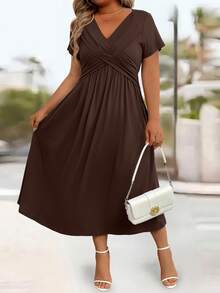EMERY ROSE Vestido casual de unicolor con nudo delantero y manga corta, adecuado para vacaciones, conjunto de mujer maxi - Marrón - Ver 8