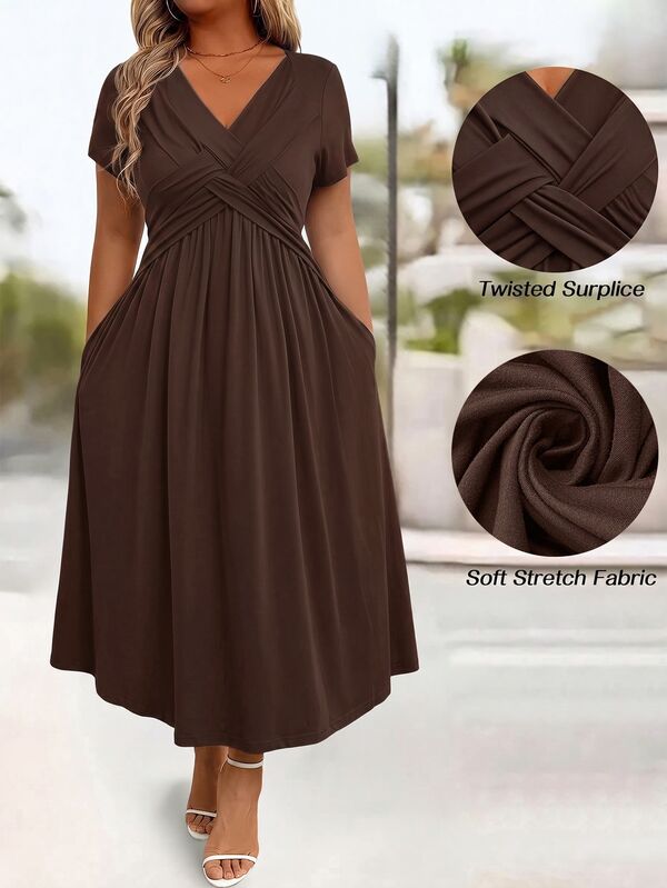 EMERY ROSE Casual Solid Color Twist Front Short Sleeve Dress, Suitable For Vacation Maxi Women Outfit