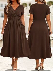 EMERY ROSE Vestido casual de unicolor con nudo delantero y manga corta, adecuado para vacaciones, conjunto de mujer maxi - Marrón - Ver 1