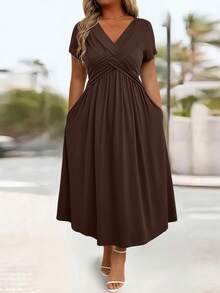 EMERY ROSE Vestido casual de unicolor con nudo delantero y manga corta, adecuado para vacaciones, conjunto de mujer maxi - Marrón - Ver 9