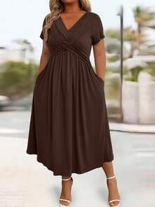 EMERY ROSE Vestido casual de unicolor con nudo delantero y manga corta, adecuado para vacaciones, conjunto de mujer maxi - Marrón - Ver 3