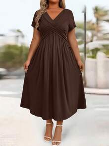 EMERY ROSE Vestido casual de unicolor con nudo delantero y manga corta, adecuado para vacaciones, conjunto de mujer maxi - Marrón - Ver 6