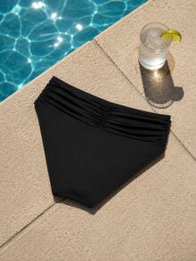 Women Black Beach Bikini Bottom Ruched Waist Vacation - Black - View 3