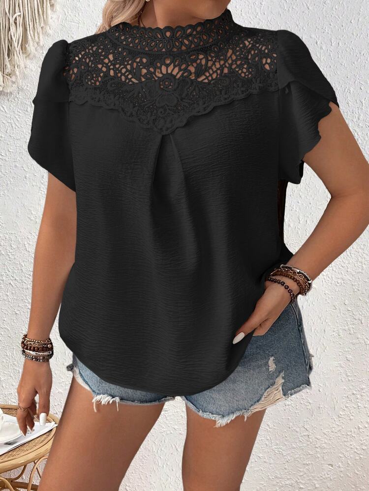 SHEIN LUNE CURVE Plus Size Women's Elegant Contrast Lace Floral Short Sleeve Blouse - Black - View 5