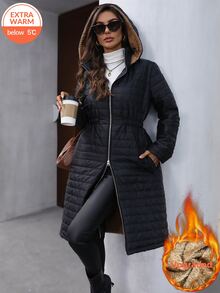 SHEIN LUNE 女士冬季外套 黑色天鹅绒保暖连帽外套 - 黑色 - 查看 7