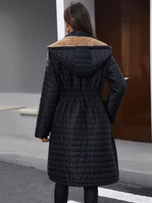 SHEIN LUNE 女士冬季外套 黑色天鹅绒保暖连帽外套 - 黑色 - 查看 6