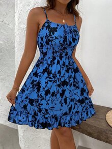Elenzga Plus Ditsy Floral Print Tie Front Ruffle Hem Cami Dress Vacation Beach Outfits Women - Blue - View 1
