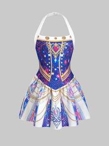 SHEIN 少女休閒時尚波點掛脖A字洋裝 - 彩色 - 查看 2