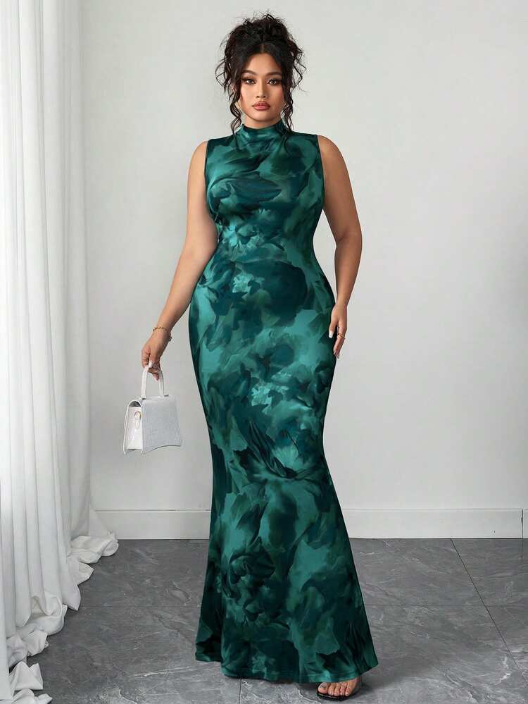 Elenzga 2025 New Floral Print High Neck Sleeveless Dress,Dark Green Winter Elegant Formal High Waist Midi French Chic Ruffle Hem Knit A-Line Dress - Dark Green - View 7