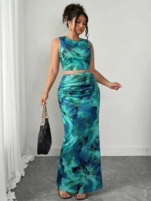 Elenzga 大码女式豹纹吊带背心和迷你裙两件套，性感时尚，适合日常通勤 - 綠色 - 查看 4
