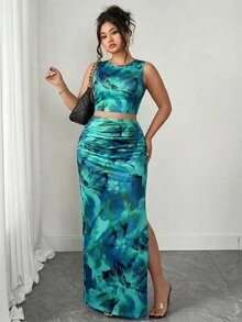 Elenzga 大码女式豹纹吊带背心和迷你裙两件套，性感时尚，适合日常通勤 - 綠色 - 查看 3