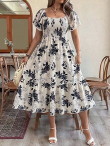 Rometta 大尺碼度假休閒碎花收腰長洋裝，優雅女裝套裝 - 杏色 - 查看 8