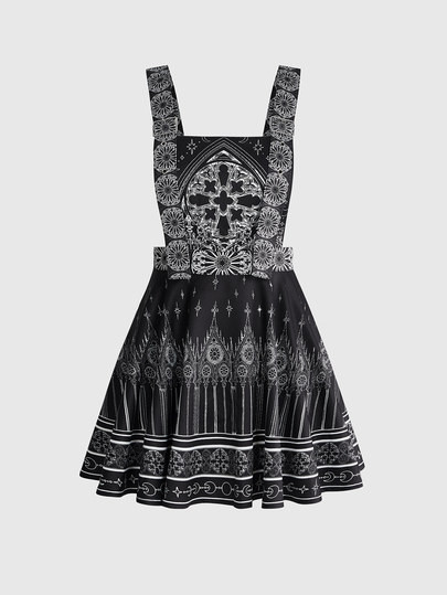Robe courte à bretelles avec imprimé château gothique sombre pour Halloween
