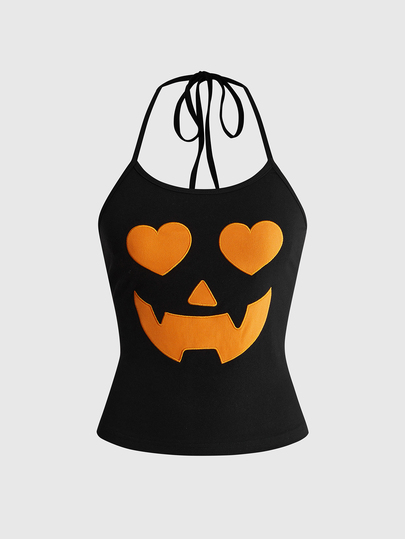 Women's Halloween Pumpkin Halter Neck Tie Tank Top, Streetwear Cute Applique Embroidery Goth Style