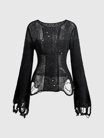 Grunge Punk Pull déchiré à manches cloche unicolore