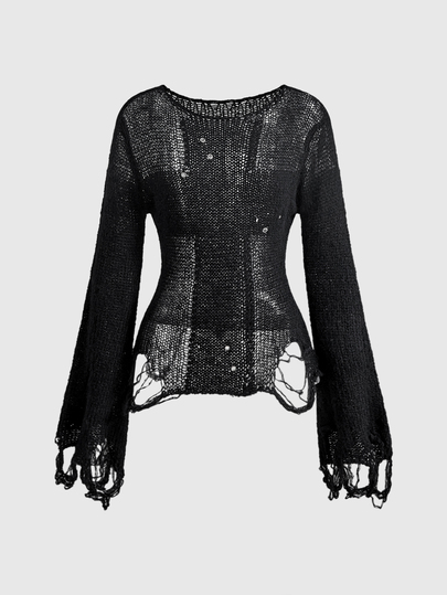 Grunge Punk Solid Bell Sleeve Distressed Sweater