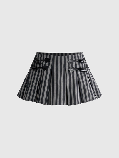 Jupe femme taille basse plissée trapèze style British Academy avec boutons cornes, rayures gothiques noir & gris, cosplay Halloween Wednesday