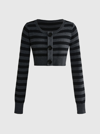 Y2K Pull court sexy décontracté pour femme, col U large, rayures sombres, style gothique, automne/hiver