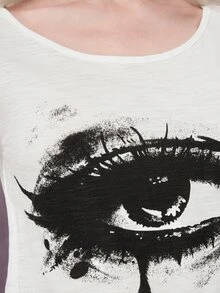 ROMWE Grunge Punk Women's Short Sleeve T-Shirt, Large U-Neck, Eye Print, Street Punk, Black & White, Bamboo Cotton, Sexy Style, White, Back Hem Slit, Wanderer - White - View 11
