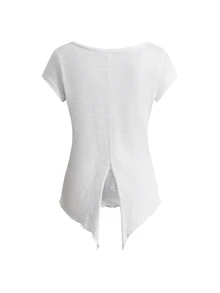 ROMWE Grunge Punk Women's Short Sleeve T-Shirt, Large U-Neck, Eye Print, Street Punk, Black & White, Bamboo Cotton, Sexy Style, White, Back Hem Slit, Wanderer - White - View 12