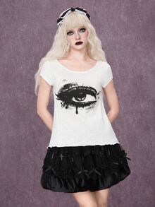 ROMWE Grunge Punk Women's Short Sleeve T-Shirt, Large U-Neck, Eye Print, Street Punk, Black & White, Bamboo Cotton, Sexy Style, White, Back Hem Slit, Wanderer - White - View 9