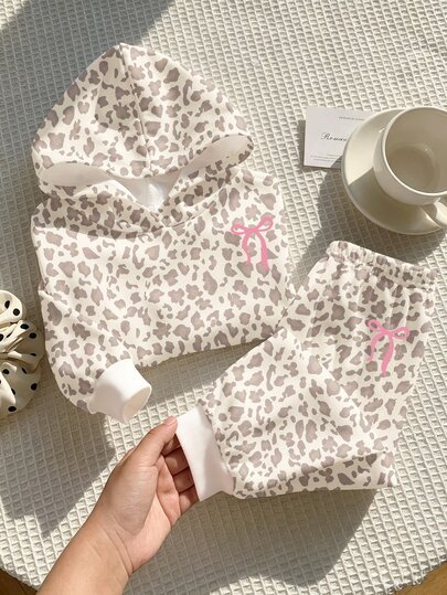 1 Set Baby Girls Cute Bow & Leopard Print Fuzzy Hooded Long Sleeve Pullover Sweatshirt And Matching Sweatpants Set, Suitable For Autumn/Winter
