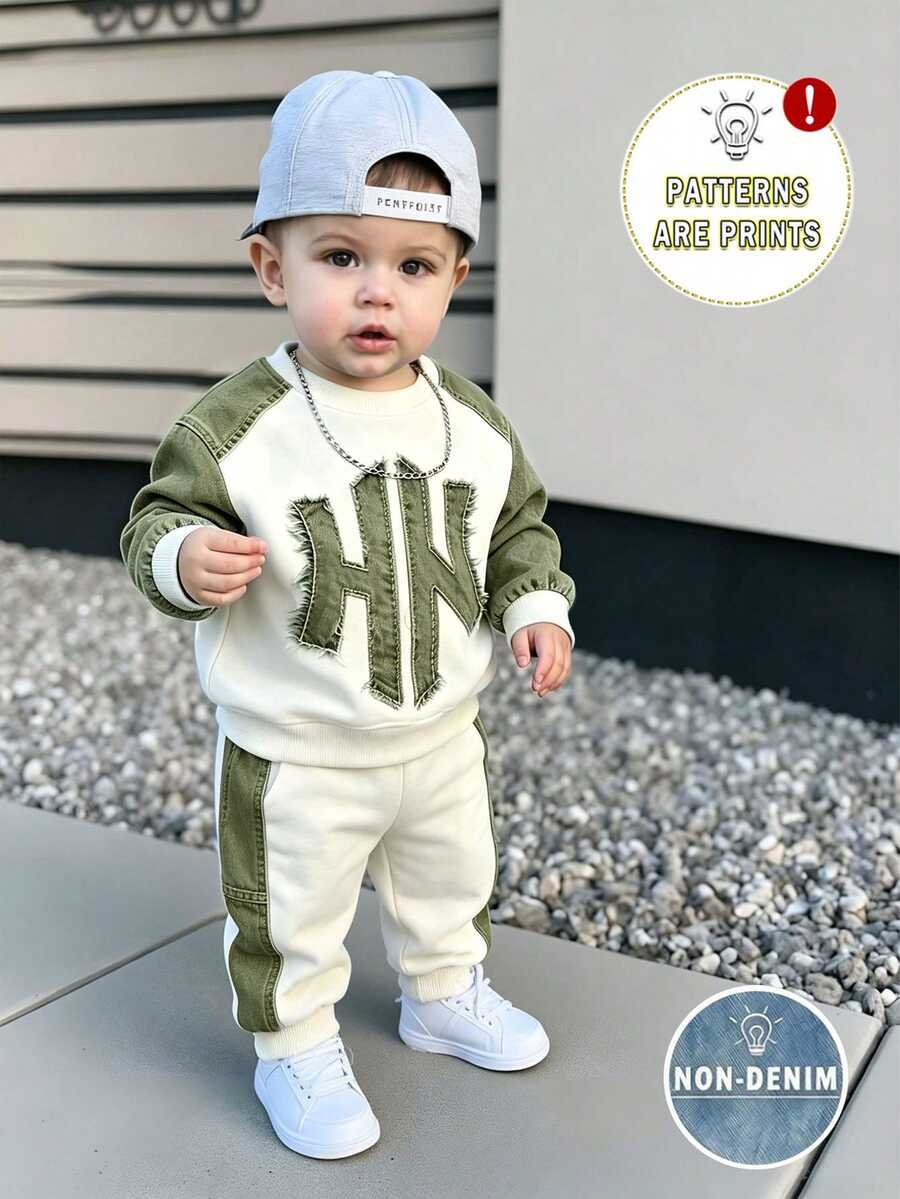 2pcs Baby Boys Casual Printed Letter Pattern Fleece Crew Neck Long Sleeve Sweatshirt And Matching Fleece Sweatpants Set, Suitable For Autumn/Winter - Multicolor - View 1