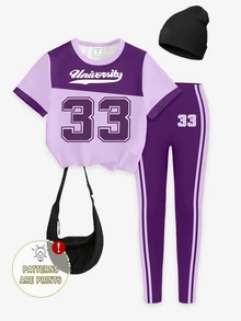 Elladie kids (1套) 夏/秋季少女清新紫色拼接淺紫色33號條紋字母圖案基礎短版T恤搭配內搭褲 - 彩色 - 查看 3