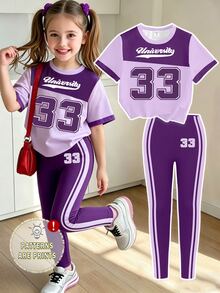 Elladie kids (1套) 夏/秋季少女清新紫色拼接淺紫色33號條紋字母圖案基礎短版T恤搭配內搭褲 - 彩色 - 查看 1