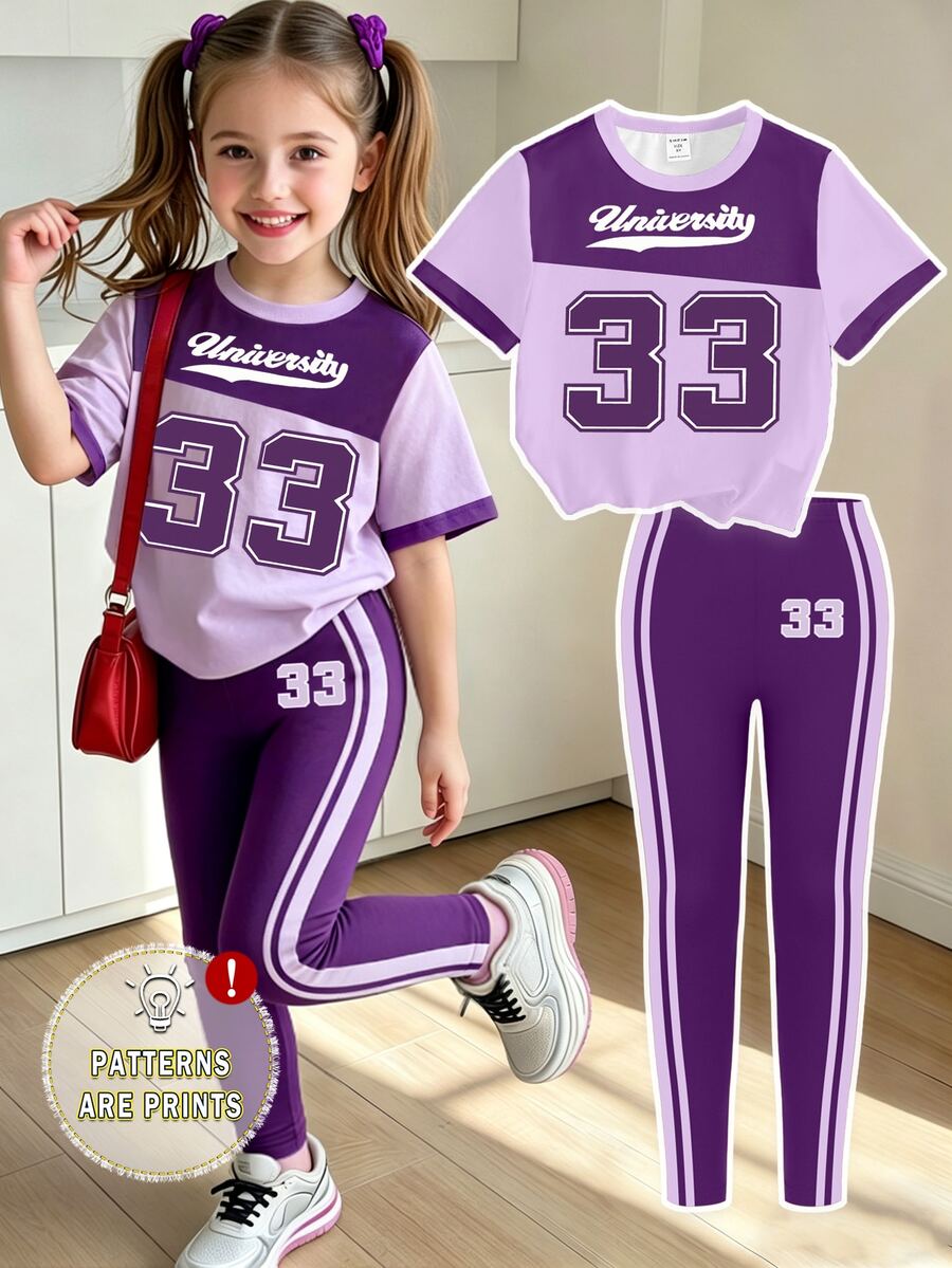 Elladie kids (1套) 夏/秋季少女清新紫色拼接淺紫色33號條紋字母圖案基礎短版T恤搭配內搭褲 - 彩色 - 查看 1