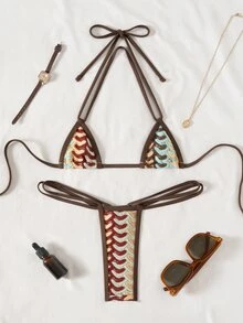Swim SXY 两件套夏季春假纹理面料微三角罩杯挂脖性感优雅度假比基尼套装，适合海滩、泳池、派对等场合。 - 彩色 - 查看 5