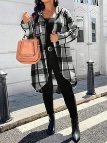 EMERY ROSE 1pc Women's Long Plaid Print Raglan Sleeve Front Zip Up Hooded Coat Fall Winter Cloth For Women Autumn - Grey - View 4