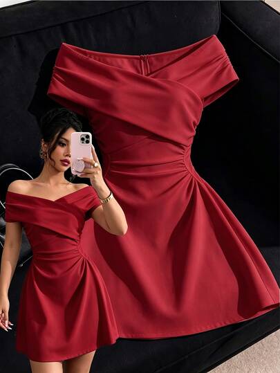 Selianne French Style Criss-Cross V-Neck Off-Shoulder White Dress, Women's Summer Fashion Elegant Luxury Chic Cinched Waist A-Line Mini Dress, Suitable For Daily Wear, Dating, Party, Back To School, Valentine's Day, Graduation, Birthday