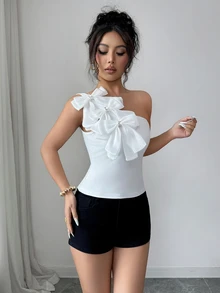 Elenzga 春夏精致串珠蝴蝶结无袖针织修身上衣，白色，优雅法式风格，适合度假和工作穿着。 - 白色 - 查看 6