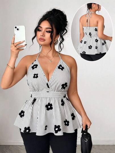 Elenzga Camiseta de tirantes con cuello en V, cintura anudada y línea A plisada, estilo elegante y casual europeo y americano para mujer talla grande, adecuada para salidas, citas, vacaciones y viajes, primavera/verano