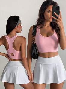 Gameset SHEIN Sport Rompi Penyangga Punggung Wanita CourtClass, Gaun Putih Bagian Perut, Cocok untuk Olahraga dan Latihan - Baby Pink - View 8