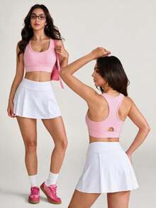 Gameset SHEIN Sport Rompi Penyangga Punggung Wanita CourtClass, Gaun Putih Bagian Perut, Cocok untuk Olahraga dan Latihan - Baby Pink - View 2